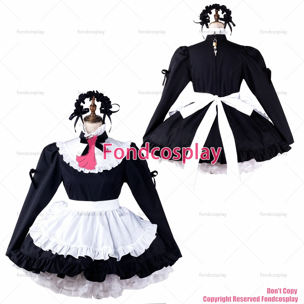 

fondcosplay adult sexy cross dressing sissy maid black cotton dress lockable Uniform white apron costume CD/TV[G2203]