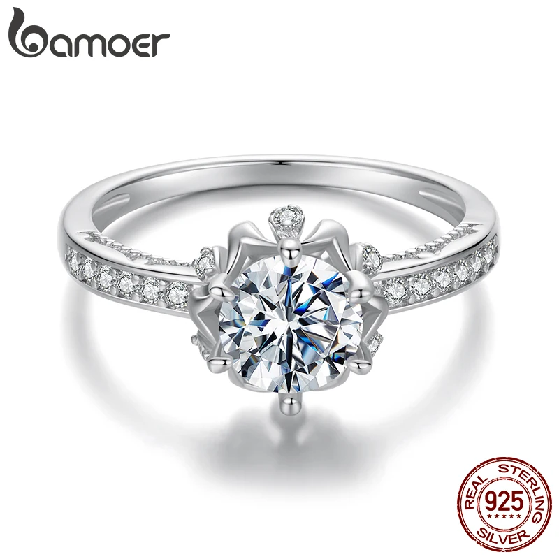 BAMOER D Color VVS1 Flower Ring 1ct Round Moissanite Diamond