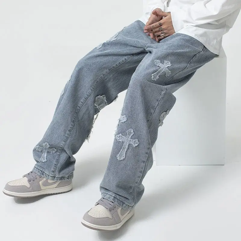 

Men's Fashion Hip-hop Ruffian Cross Patch Jeans Handsome Straight Loose Streetwear Denim Trousers Y2K Man Baggy Pants