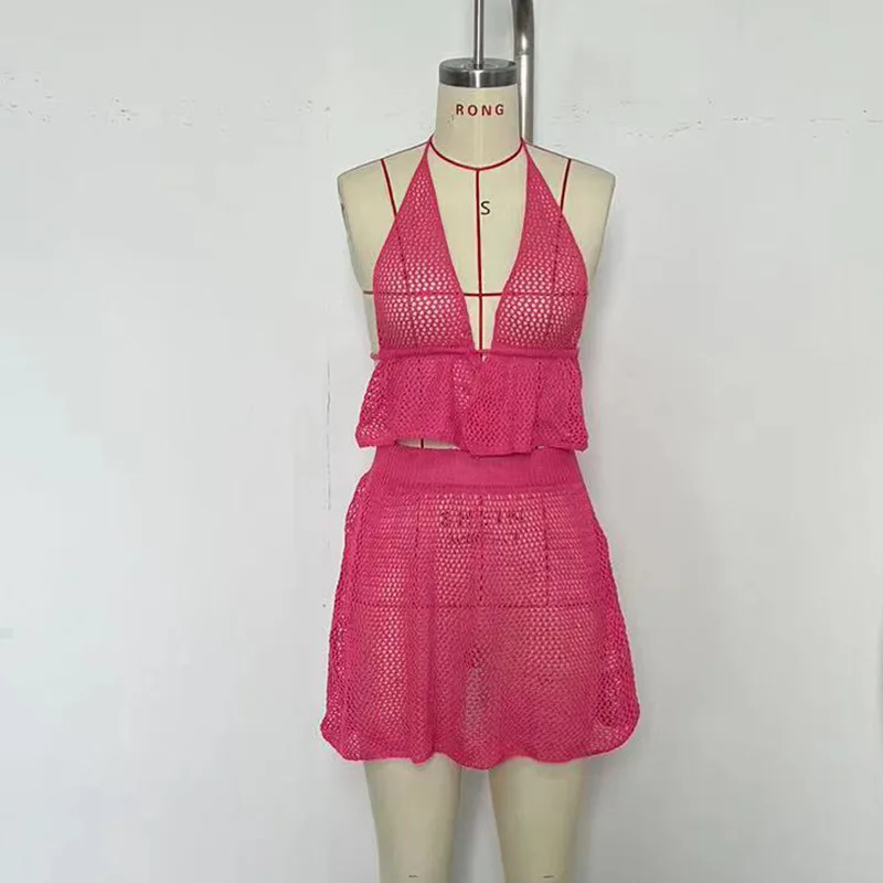 Women's Knitted Cover Up Set Halter Tank Top and Mini Skirt Set Sexy Cutout Swimsuit Cover Up Suitable for Beach Wear 2024 New