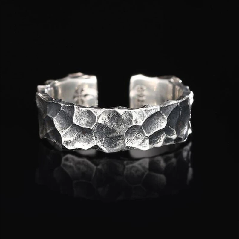 WYEAIIR 925 Sterling Silver Retro Stone Texture Male Resizable Opening Ring For Women Luxury Jewelry 4