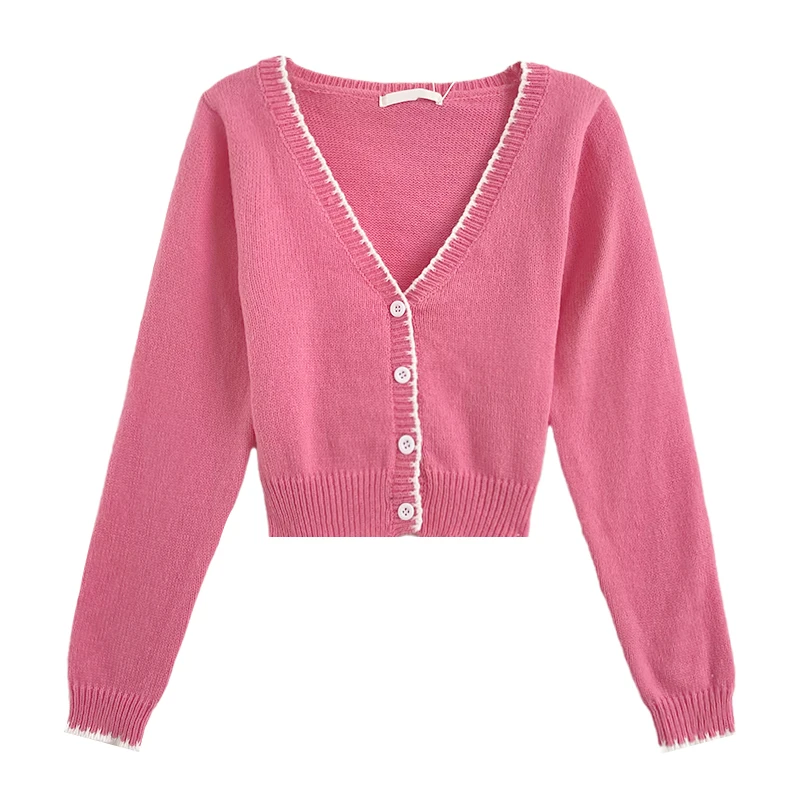 

Autumn Pink Contrast Color V-Neck Short Long Sleeve Knit Cardigan Sweater
