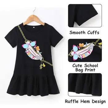 Baby Girl Casual Dress Cotton Short Sleeves Ruffled T-Shirt Dresses with Cute Pattern Black Summer Girl Dress 2