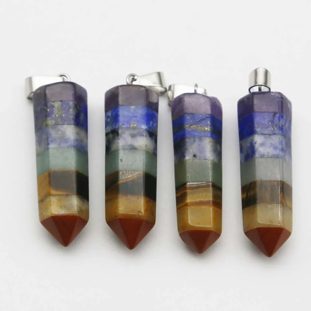 New Natural Stone 7Chakras Hexagon Pillar Necklace Pendant Mineral Healing Charm Fashion Jewelry Accessories Gift Wholesale 4Pcs