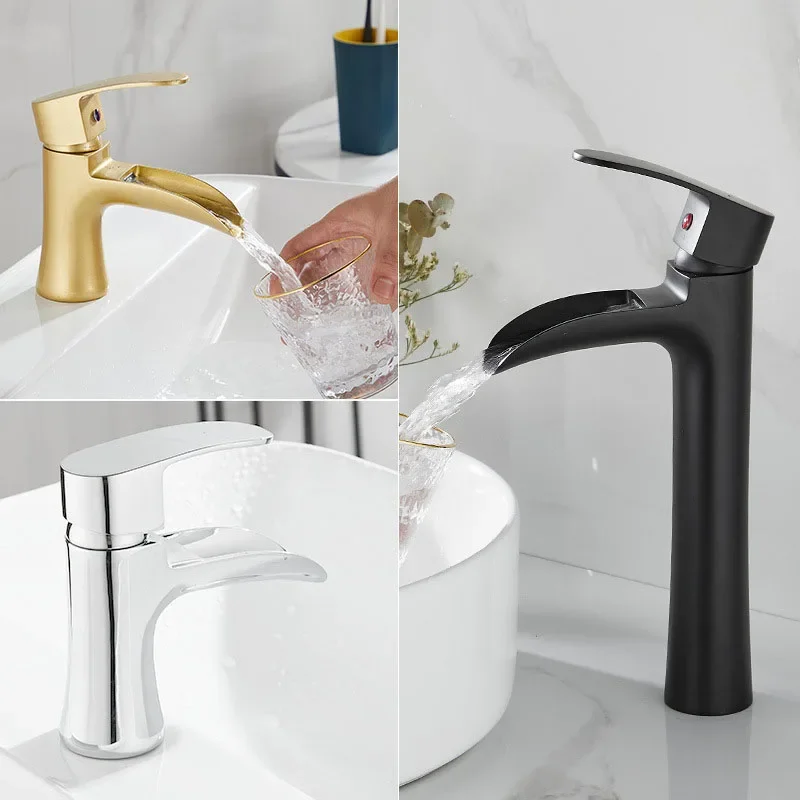 

Waterfall Basin Faucet Bathroom Deck Mounted Gold Sink Tap Cold and Hot Water Mixer Tap Brass Chrome Vanity Vessel Sink Faucets