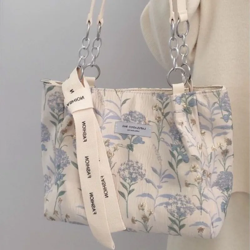 Sweet Floral Embroidery Tote Bag Women Large Capacity Canvas Beige Shoulder Bags Ladies Elegant Gentle Commute Underarm Bag 2025