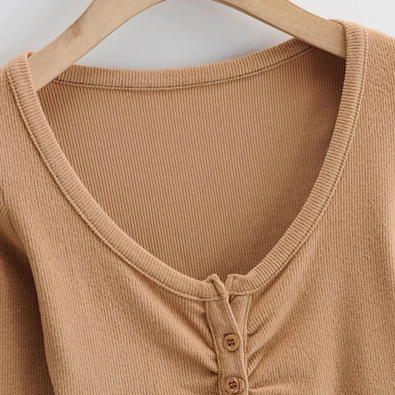 Slim V-neck Long Sleeve Bottomed Womens Tops And Blouses High Street Solid Color Open Navel Cardigan