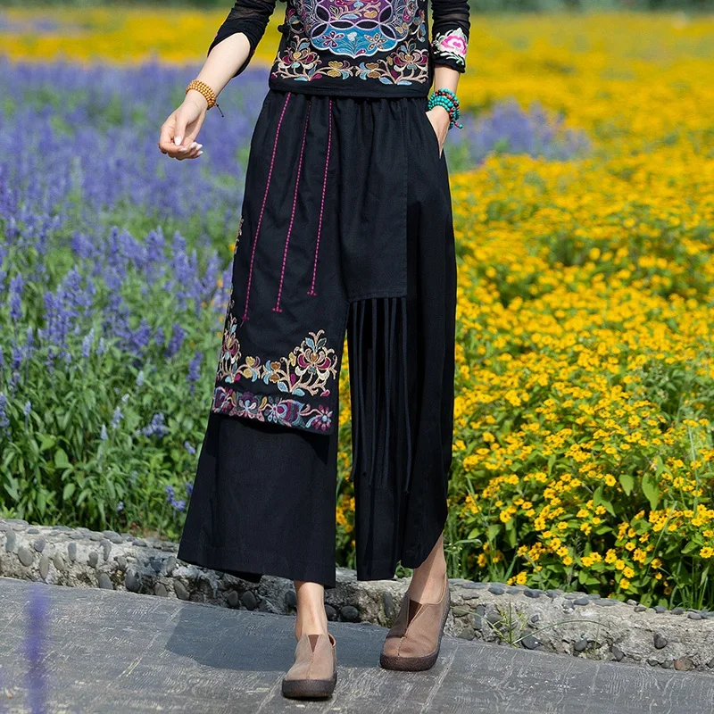 New Ethnic Harajuku Tassel Patchwork Women Black Pants Skirts Vintage Embroidery Elastic Waist Trousers Chinese Style Clothing