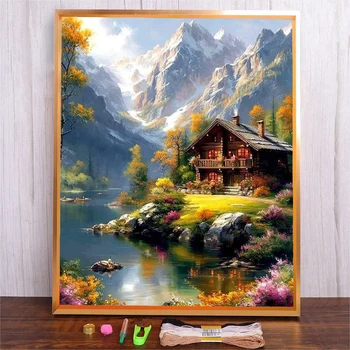 Kit de broderie avec motifs et Instructions, ensemble de points de croix pour maison de montagne pour débutants, bricolage pour adultes débutants avec paysage 1