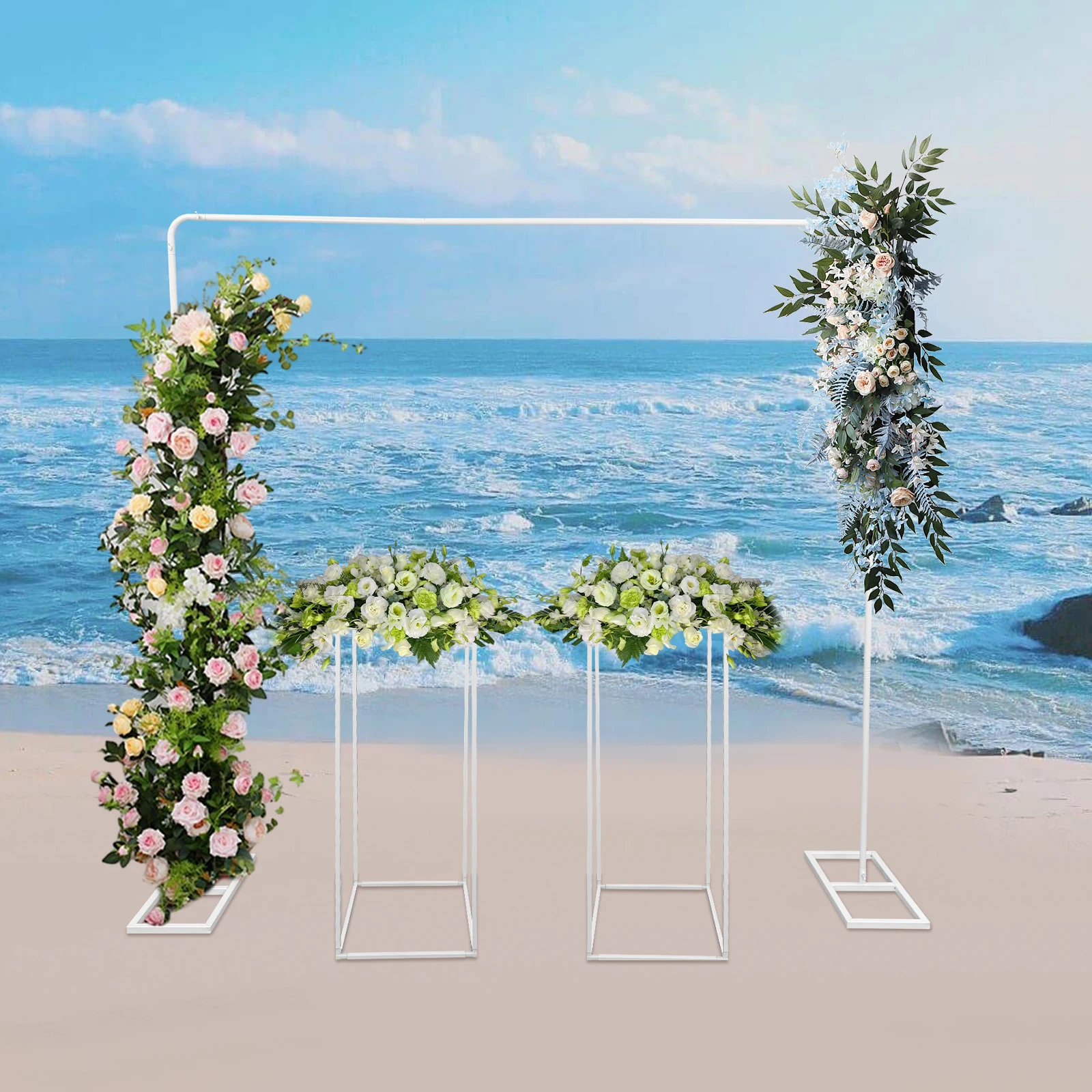1 of Ballon Arch 2M Stand and 2 of Flower 80cm Stands Set, 3pcs Backdrop Frame for Wedding Party Ceremony Indoor Outdoor Decor P