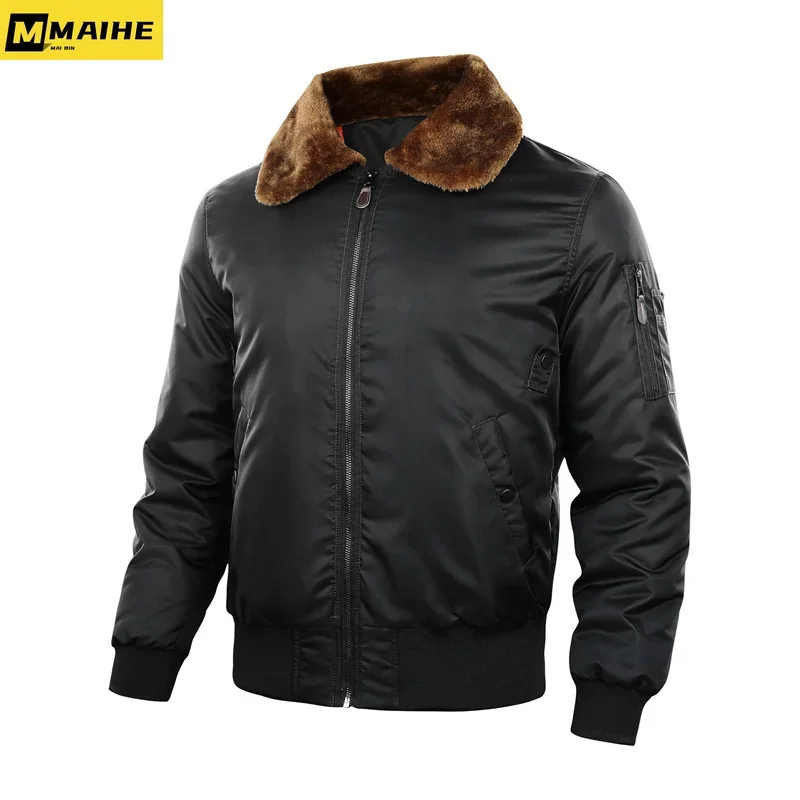 B-15 Retro Bomber Jacket Men's Winter Aviator Fur Collar Thickened Warm Padded Jacket Men's Tactical Hunting Windproof Parka