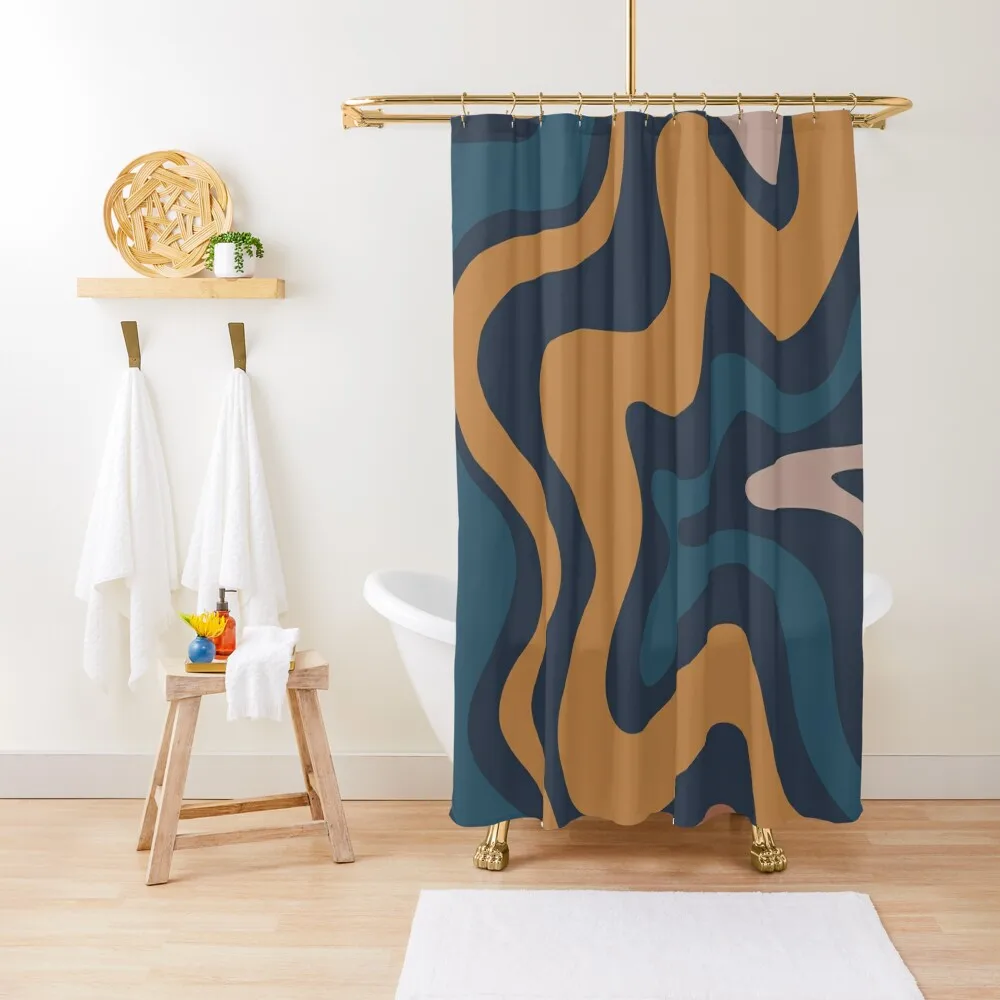 

Retro Liquid Swirl Abstract Pattern in Blue Ochre Shower Curtain Toilet Accessories Bathroom Curtains