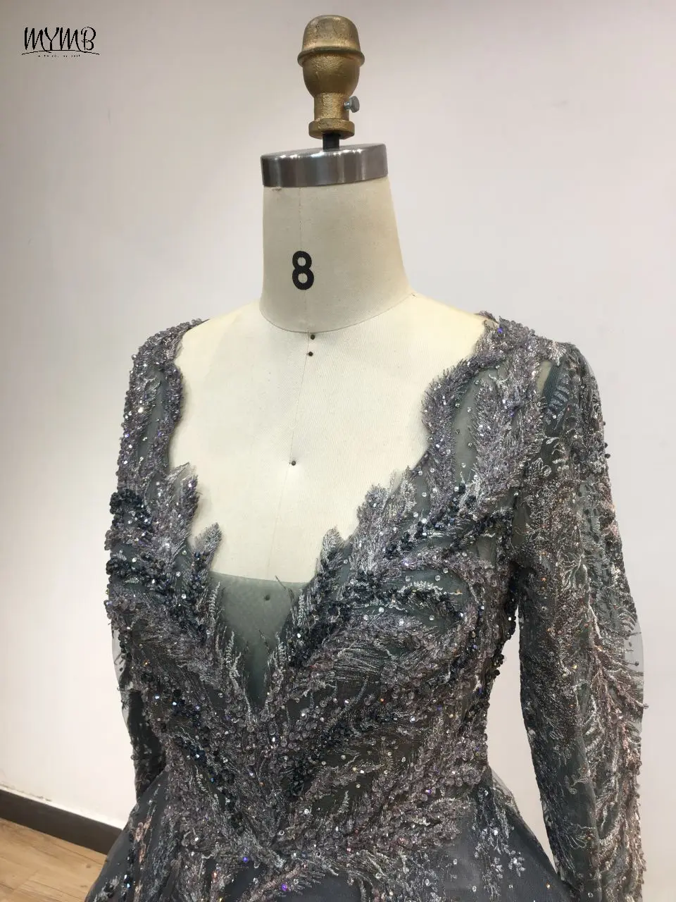 MYMB Arabic Luxury V Neck A-Line Beading Lace Wedding Engagement Night Gowns Elegant Long Sleeve Evening Dress for Women Party 2