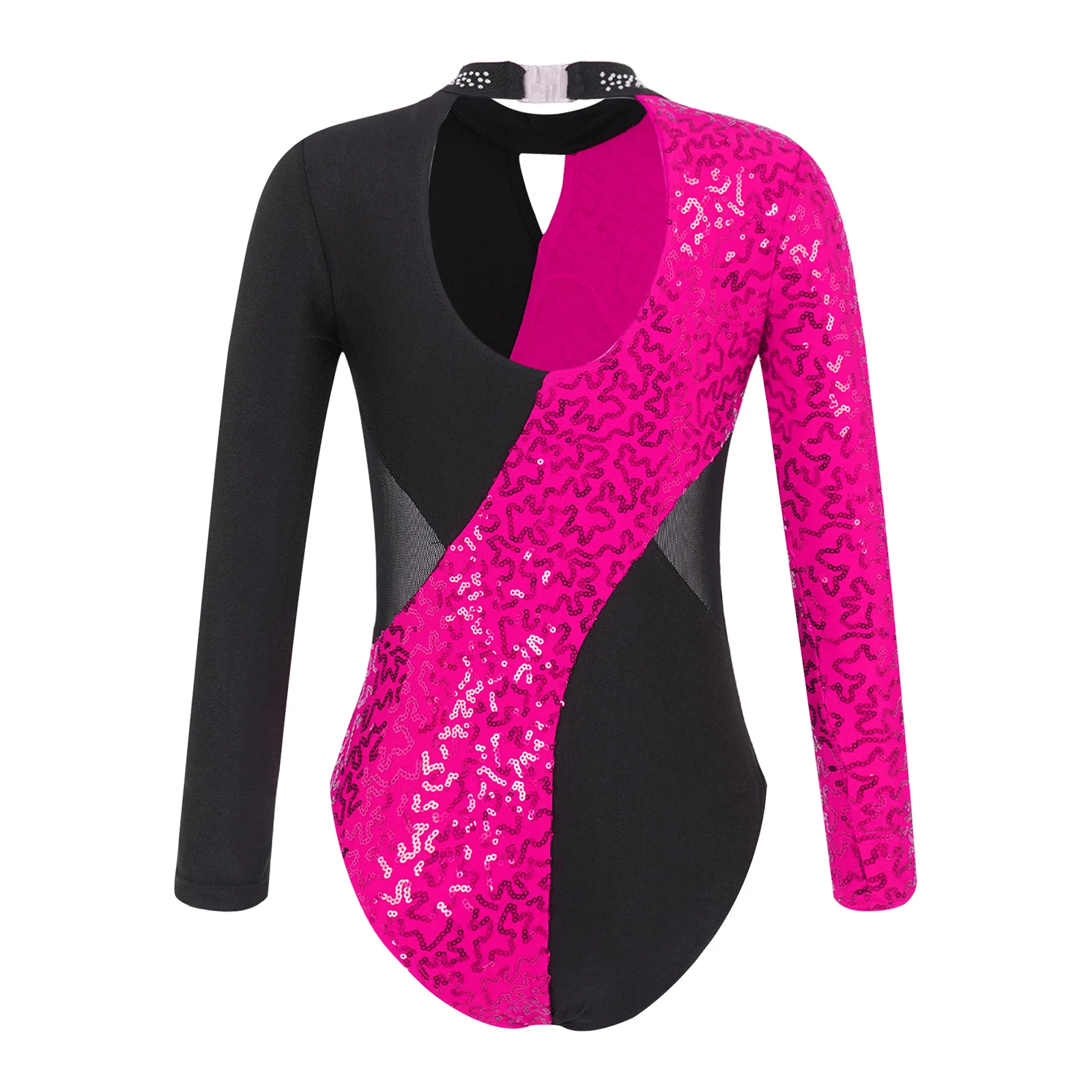 Sequins Gymnastics Leotard for Kids Girls Long Sleeve Hollow Out Ballet Dance Leotard Competition Ice Skating Bodysuit Jumpsuit
