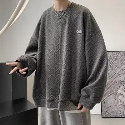 O Neck Sweatshirt Mens Casual Shirt Waffle Hoodie Long Sleeve Hoodless Pullover Man Loose Shirt Solid Sweatshirt Streetwear