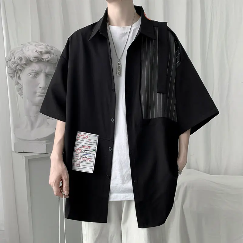 Men Shirts Turn-down Collar Button Patchwork Asymmetrical Short Sleeve Loose Fashion Streetwear Summer Thin