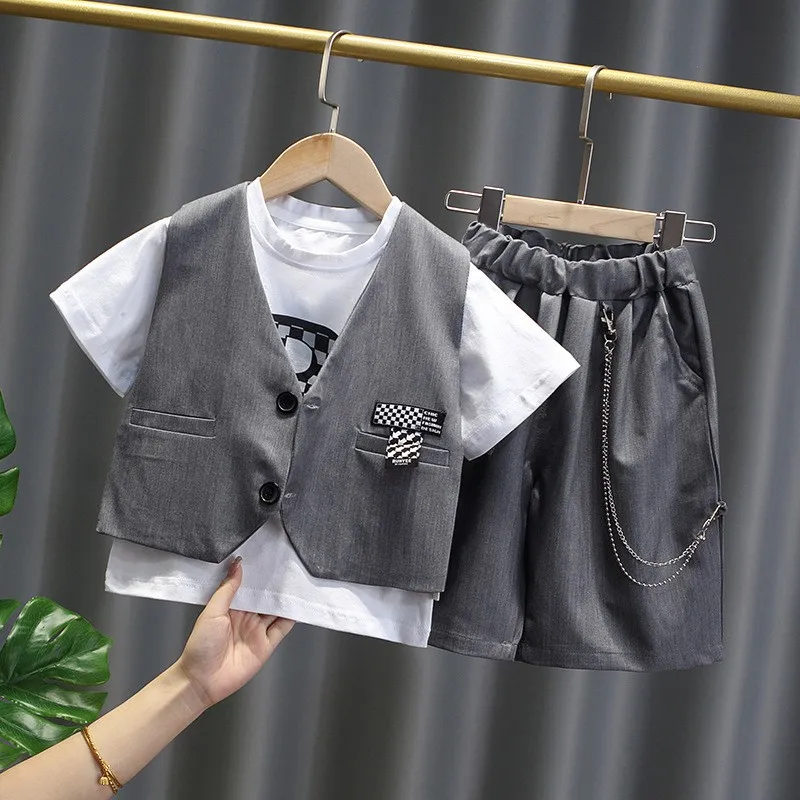 

Boys Set 2-9Year Children's Casual Suits 2022 New Summer Clothing Set Boys Handsome Suit Vest + T-Shirts + Shorts 3pcs