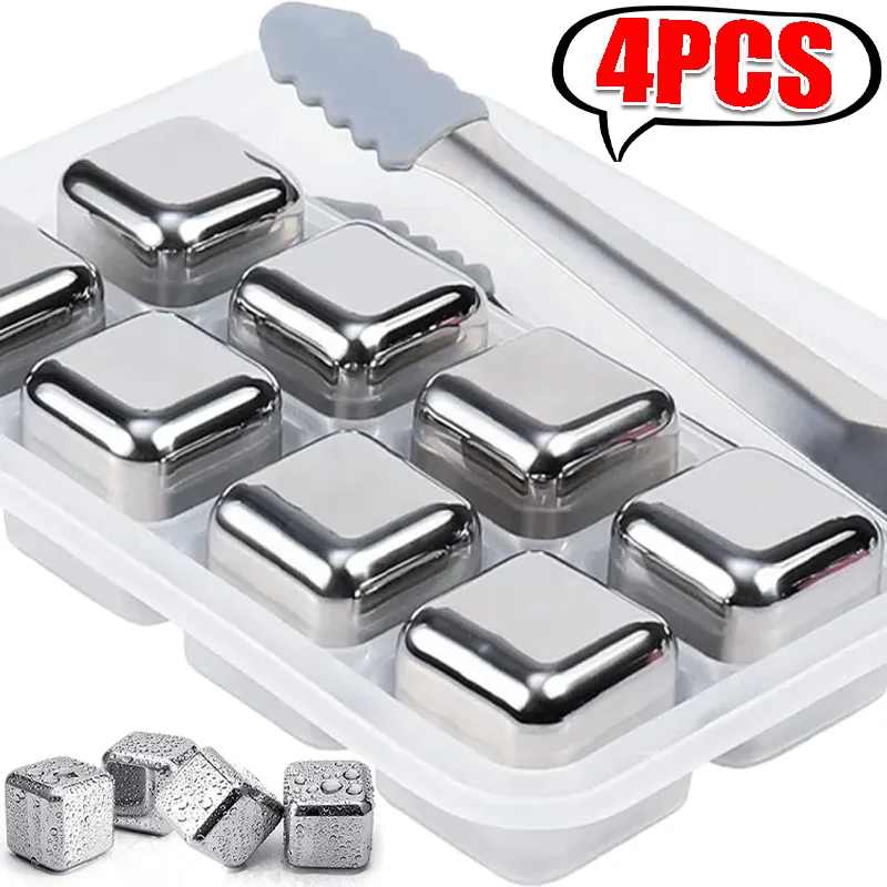 1/4PCS Whiskey Ice Stones Set Stainless Steel Chilling Block with Tongs for Wine Quick-Freeze Beer Cooler Party Bar Tools