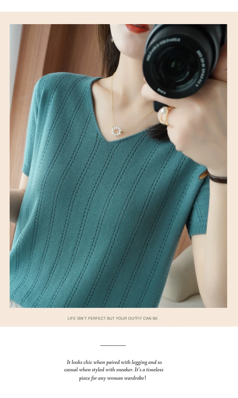 Summer New Thin 100% Pure Cotton Short-Sleeved Sweater Tees Women's V-neck Pullover T-Shirt Hollow Design Casual Knit Tops