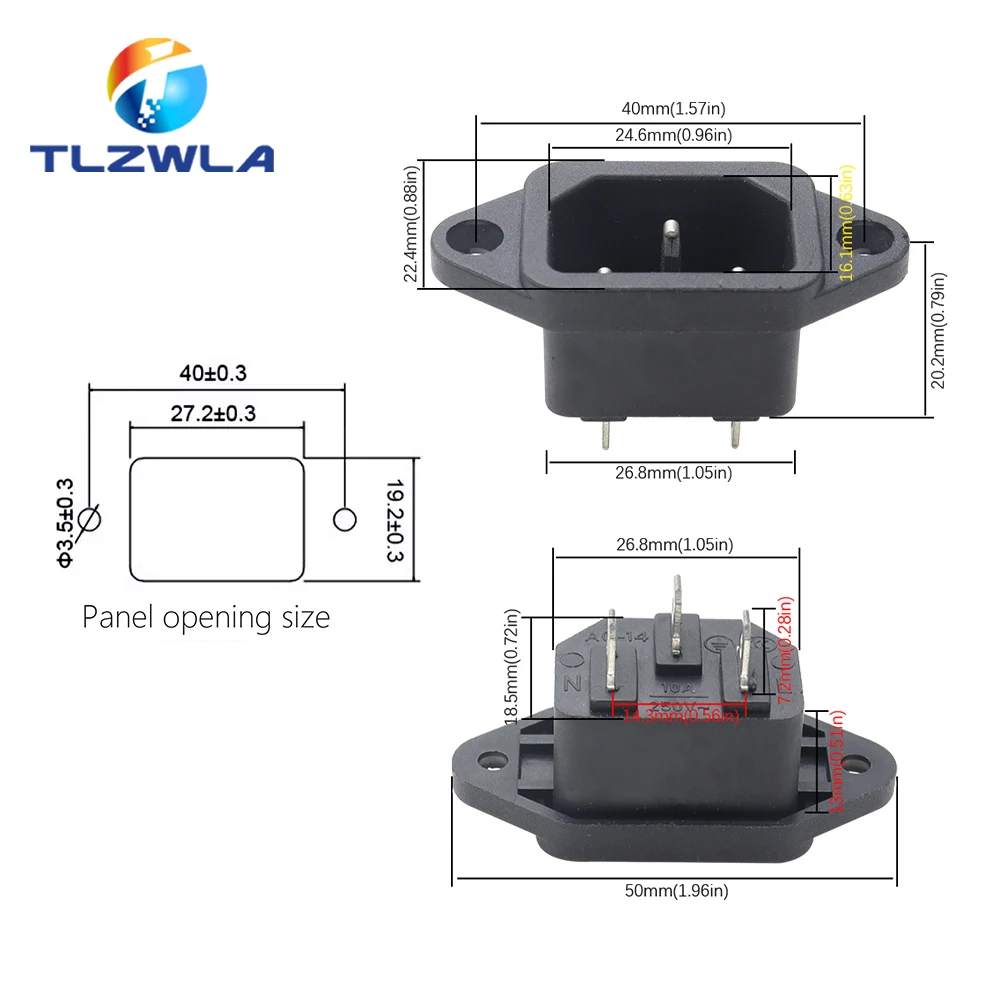 IEC320 C14 AC Power Socket 250V 10A 3-Pin with Ears - Screw Fixed Copper Core