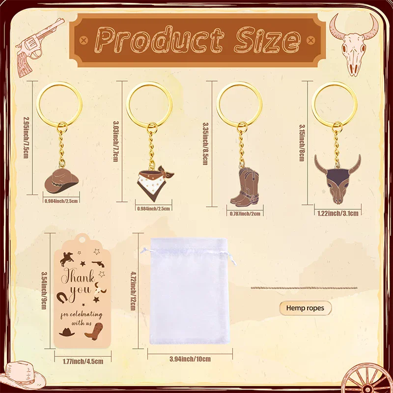 12 Sets Western Cowboy Party Favors For Guests Cowboy Boot Hat Keychain With White Organza Bags And Thank You Tags