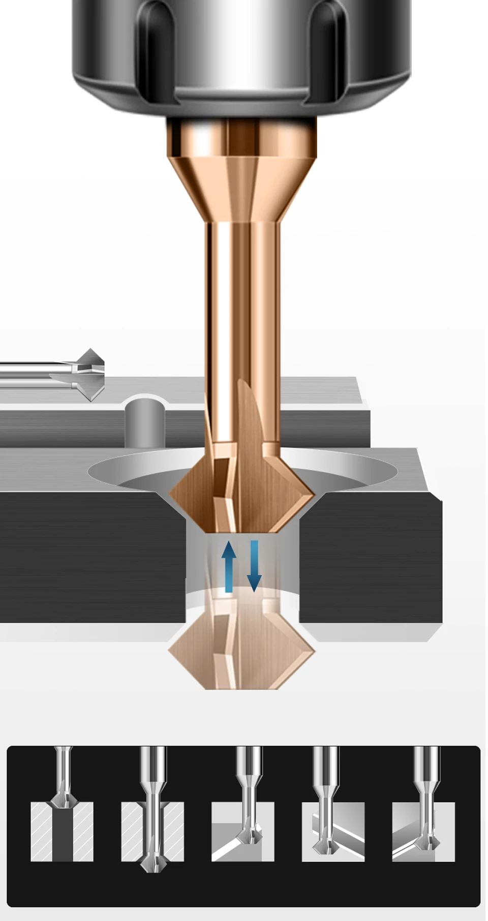 HRC60 Anfasfräser vorne und hinten, innere Fase 60 90 120 Grad CNC-Fräser nach oben und unten mit doppelter Winkelbearbeitung – Detail 8