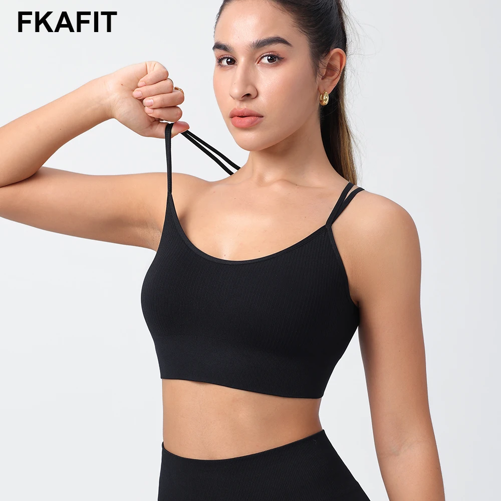 Strappy Tank Yoga Sports Vest With Chest Pad Ribbed High Elastic Women Sports Yoga Bras