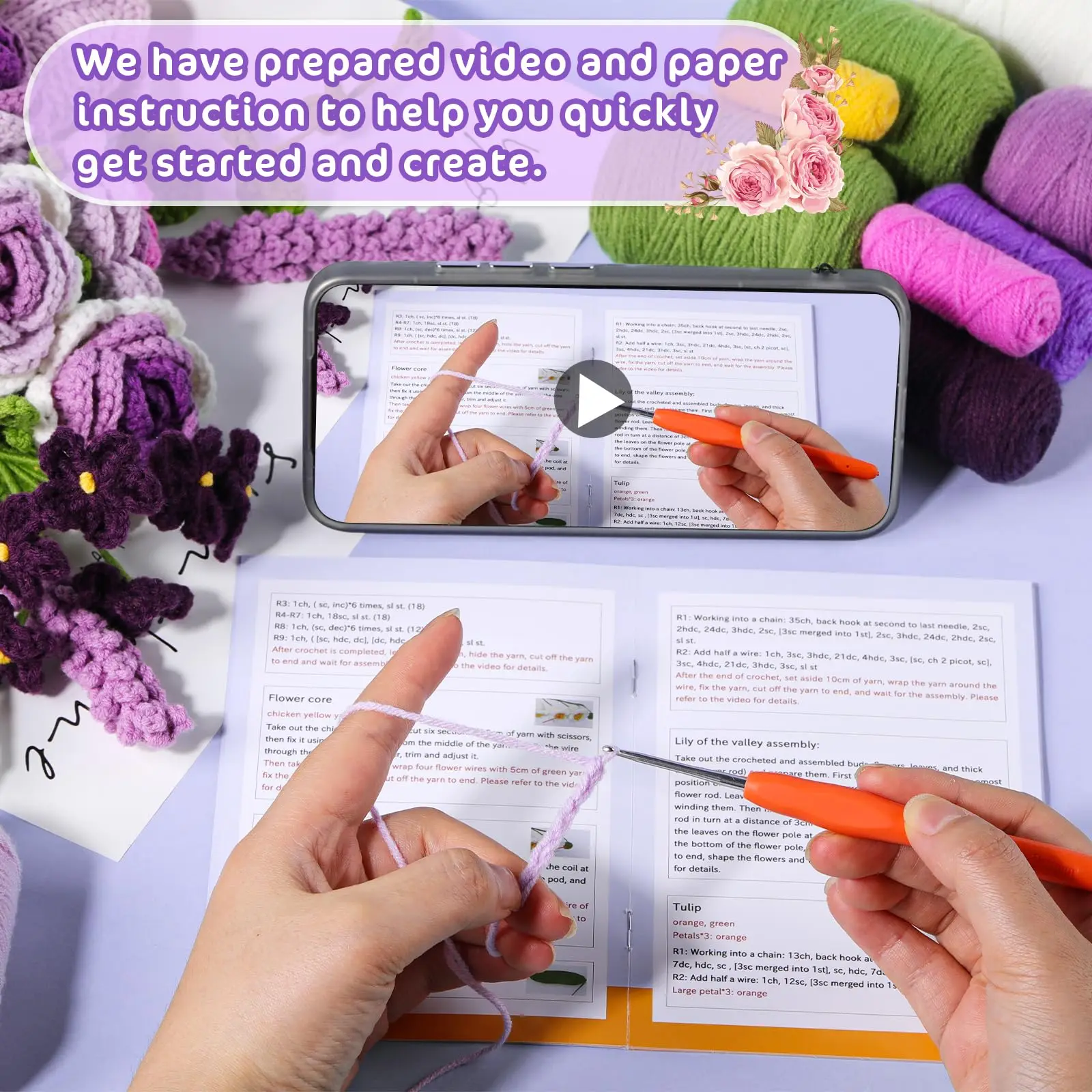 Crochet Kit Flower Bouquet Rose Kit for Beginners Step-by-Step Video Tutorials Present Home Decor crochet kit