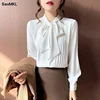 Elegant Bow Neck White Shirts Women Long Sleeve Korean Fashion Clothing Blusas Mujer Work Chiffon Blouses Office Ladies Tops y2k