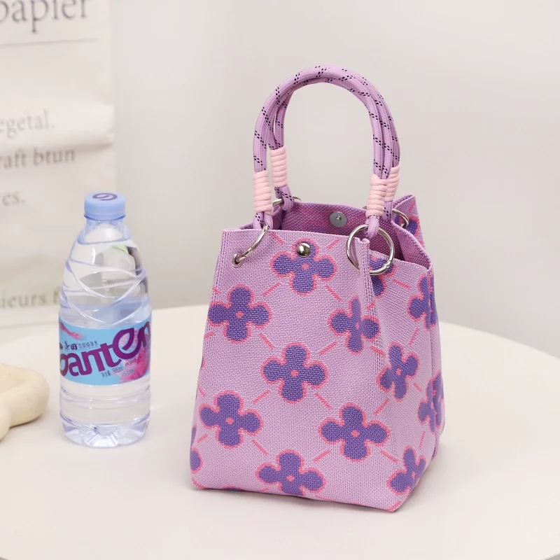 Multi-Color Knitted Retro Bucket Handbag Color-Block Simple Design Versatile Easy-Carry Retro Handbag 5