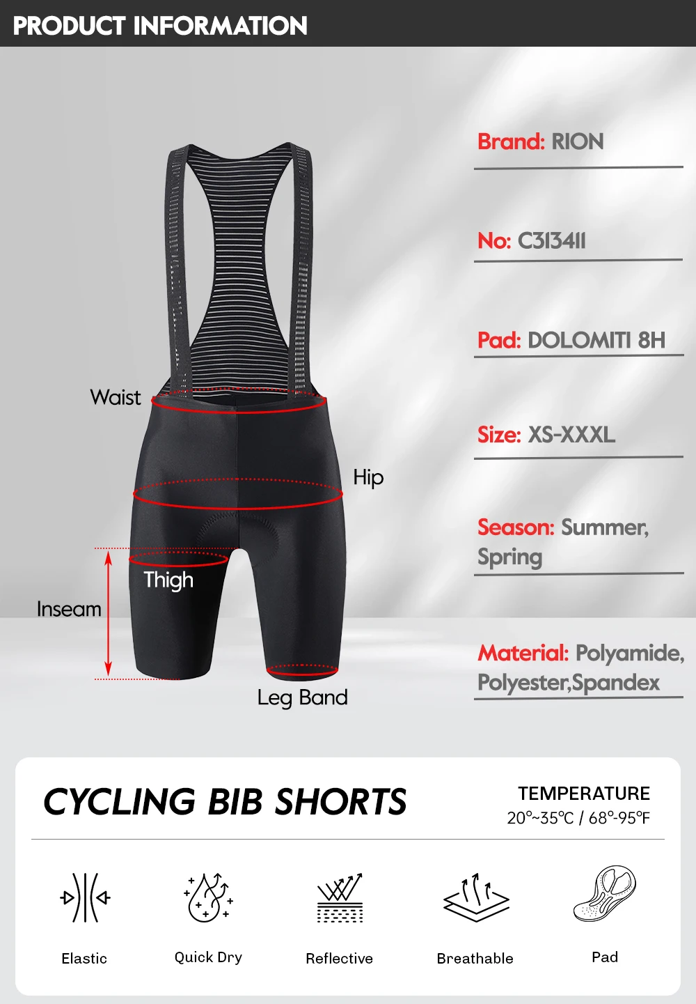 Description Picture 3 of itemRION Men Cycling Bib Shorts Road Bike MTB Bibs Padded Bicycle Tights Seamless Riding Clothes Long Distance Dolomiti 8 Hours