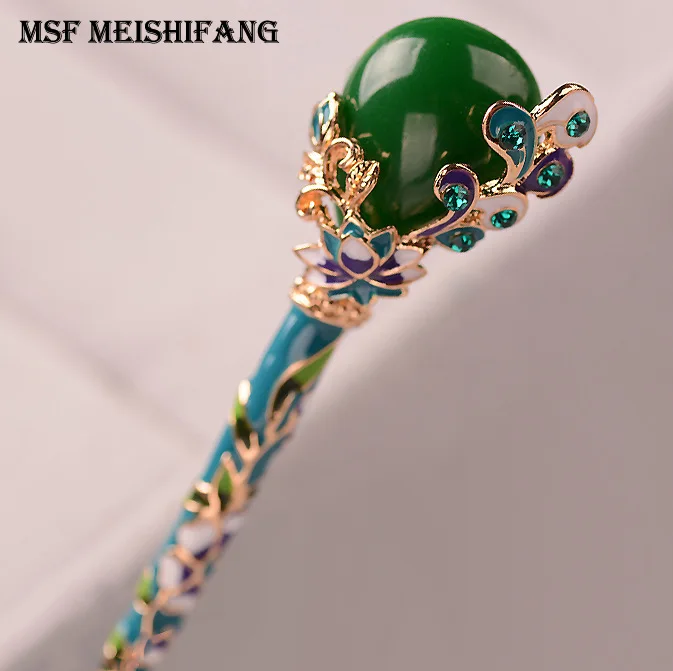 Vintage Cloisonne Women's Hairpin Headdress Antiquity Hair Clasp Headdress Imitation Jade Design Hairpin
