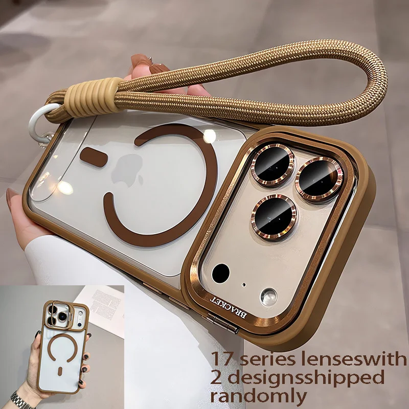 Luxury Orange Lanyard Magnetic Wireless Charging Phone Case with Metal Lens Holder
