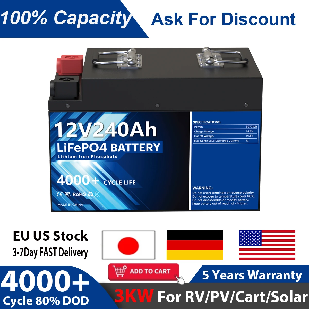 

12V 200AH 240AH LiFePO4 Pack Solar Battery 3KW 100% Capacity Lithium Ion Phosphate Battery 4000+ Cycle For RV/Cart EU US No TAX