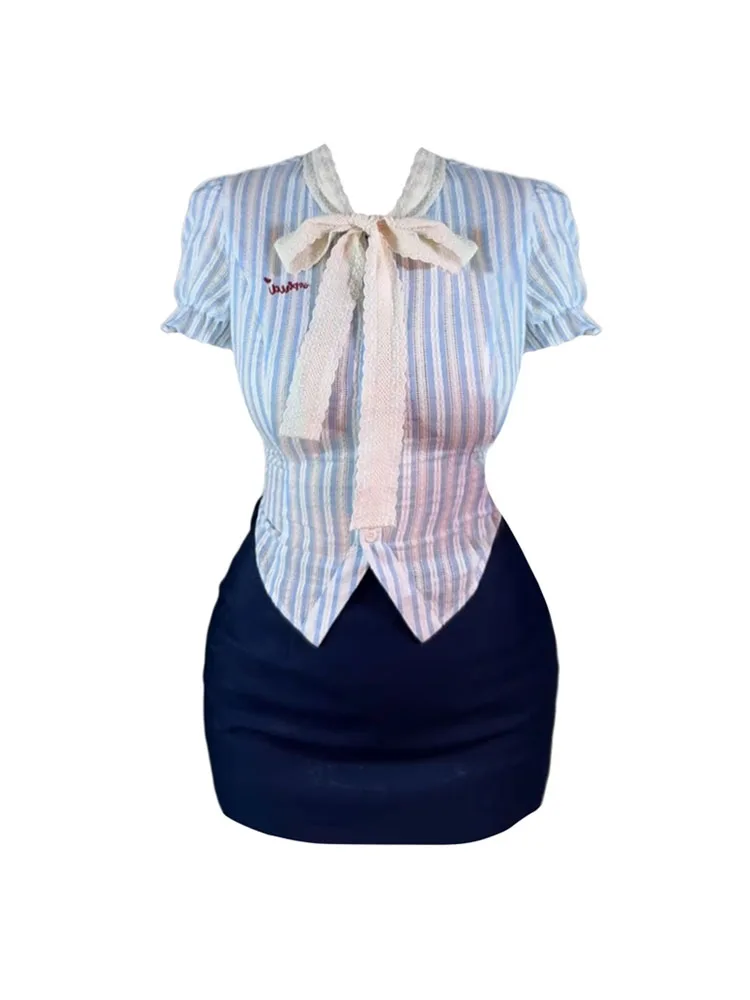 

Женский офисный комплект из двух предметов, комплект из топа-бюстье в полоску с воротником-хомутом и бантом и привлекательной облегающей трапециевидной юбки с запахом, одежда во французском стиле