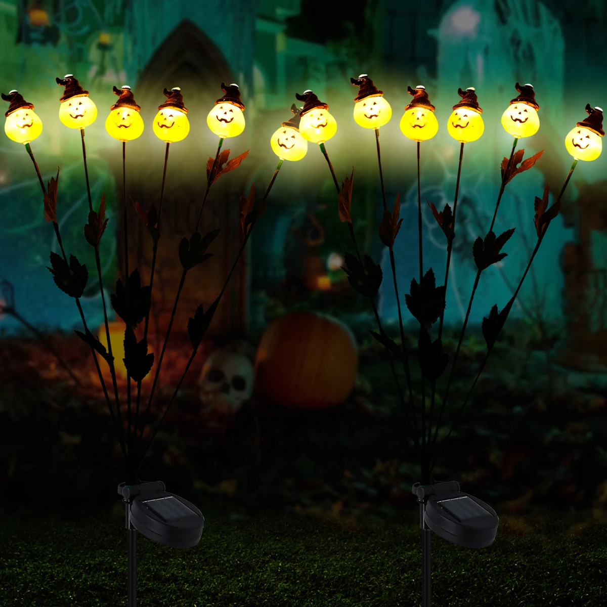 

New 2Pcs Halloween Solar Pumpkin Stake Lights Starburst Swaying Halloween Garden Lights IP65 Waterproof Solar Powered Lawn Light