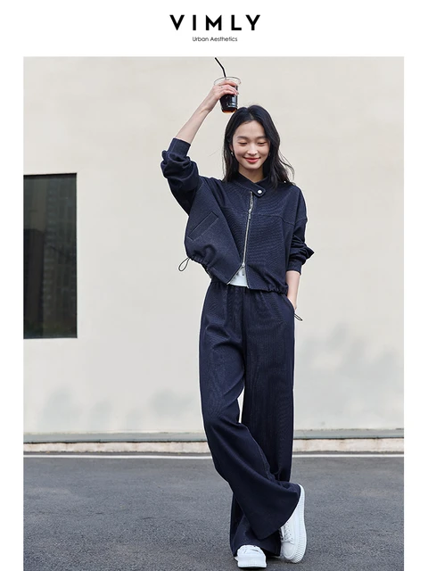 VIMLY 2 Piece Pant Set Woman Casual Outfits Women's Pant Suit 2025 Blue Stand-up Collar Jacket and Trouser Female Clothing A0119