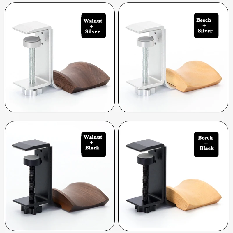 Solid Wood Headphones Stand Walnut/Beech+Aluminum Alloy Desk Side Gaming Headset Clip Adjustable Horizontal Vertical Installatio