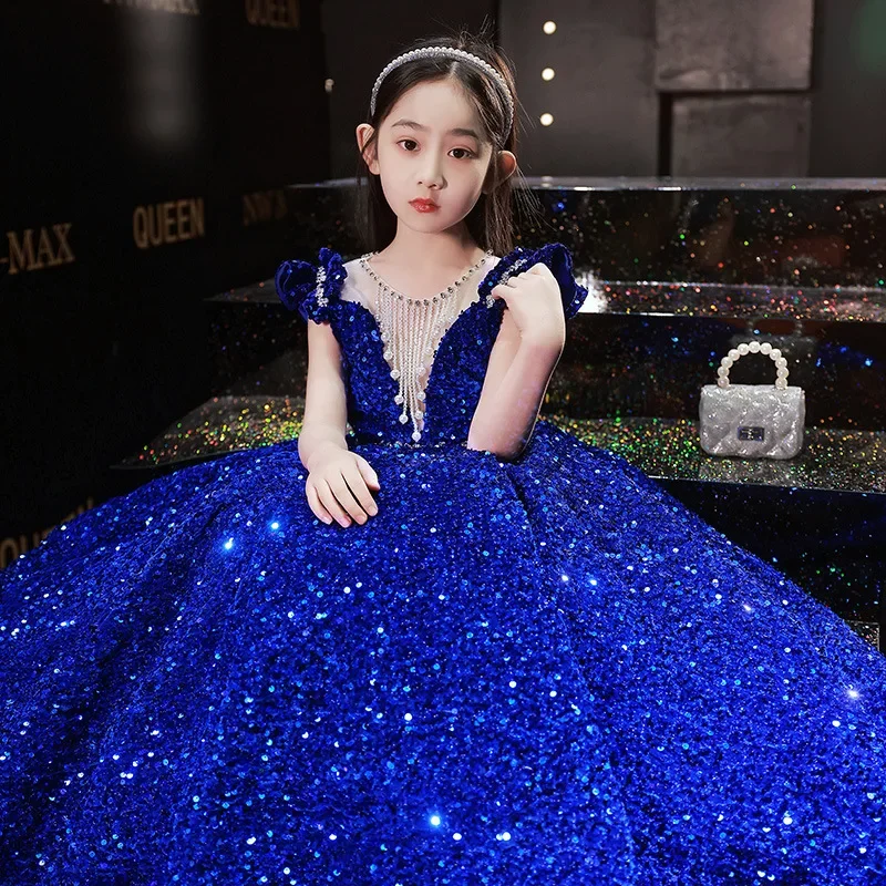 

Blue Sequin Long Dress for Baby Girl Kid 2 To 12 Year Formal Red Puffy Dresses Evening Luxury Party Korean Children Gown Wedding