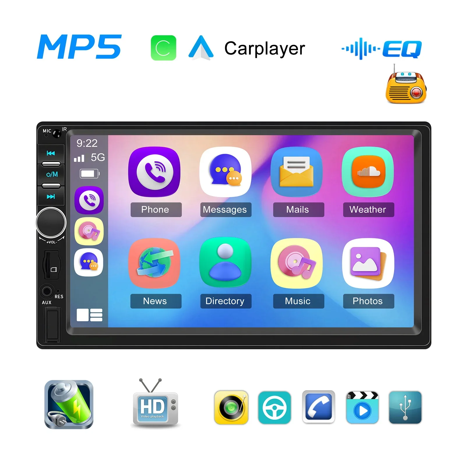 7인치 HD 터치스크린 카 스테레오, USB, FM 라디오, AUX, 무선, 미러링크, 7색 백라이트 2딘 카 오디오 시스템