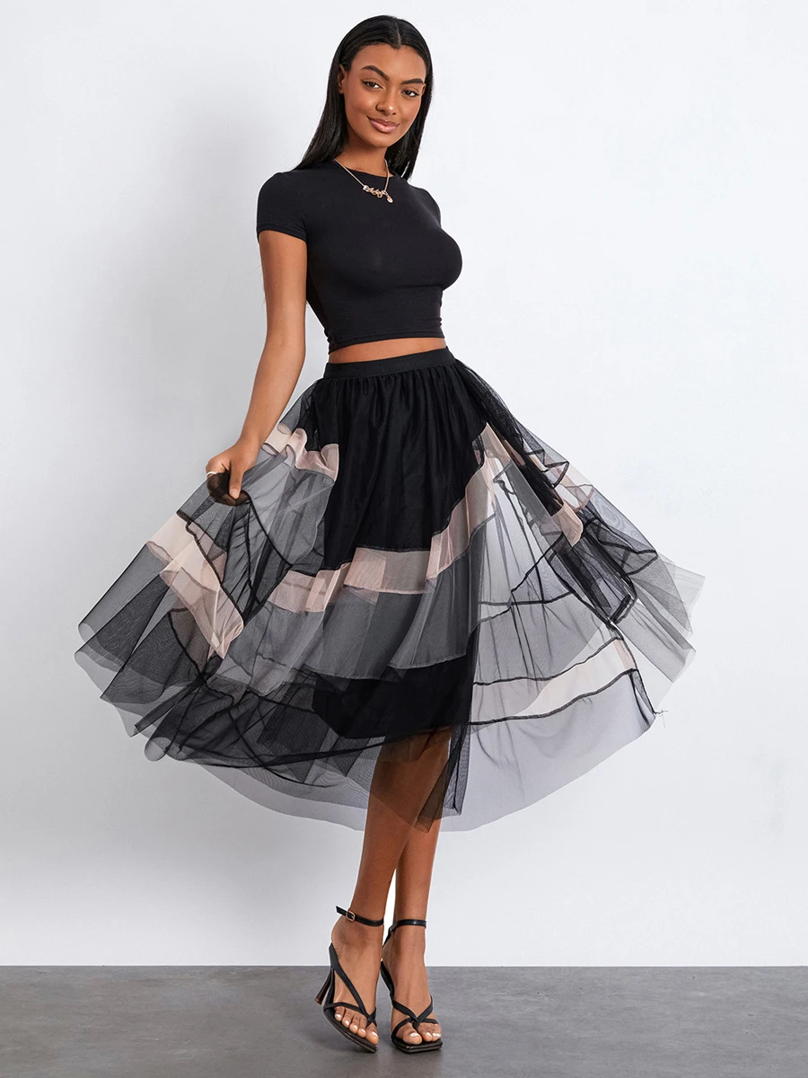 

New Women Tulle Tutu Skirt Contrast Color Elastic Mesh Fairy A-Line Skirt For Beach Party Streetwear Hot Sale S M L