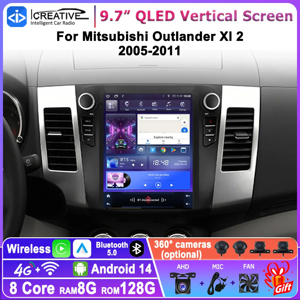 Reproductor Multimedia de Radio para coche Android 14  9,7 pulgadas para Mitsubishi Outlander xl 2 2005-2011 estilo Tesla Carplay estéreo automático 4G Wifi Navi 1