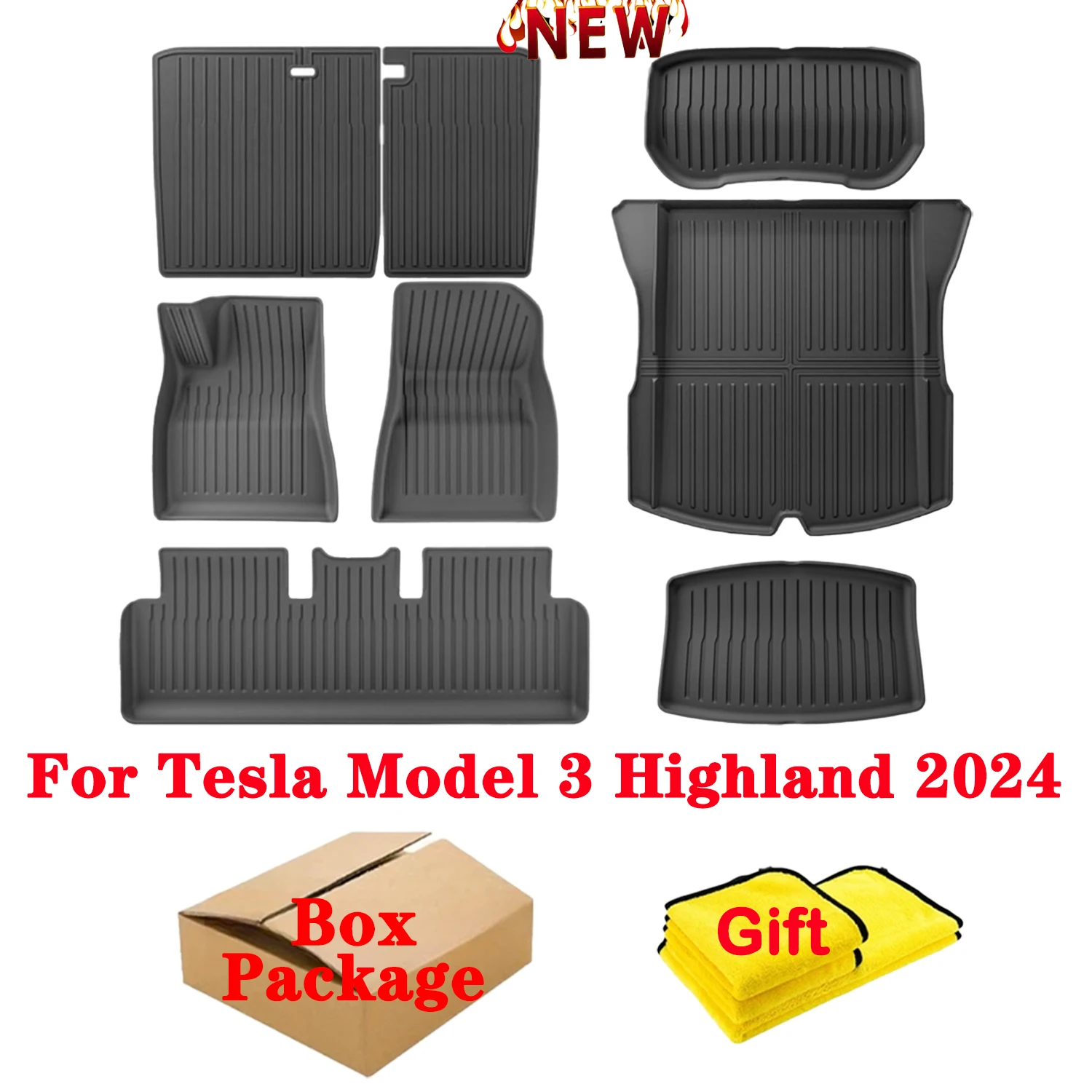 

For Tesla New Model 3 Highland 2024 TPE Floor Mats, All Weather Waterproof Anti-Slip Front Rear Cargo Liner Trunk Mat