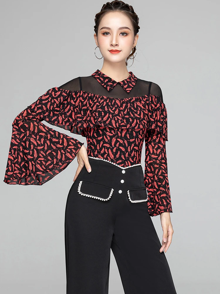 X042 Latin Dance Training Clothes Rumba Jacket Women&s Summer Blouse Modern Dance Wear Horn Long Sleeve Dancing Top