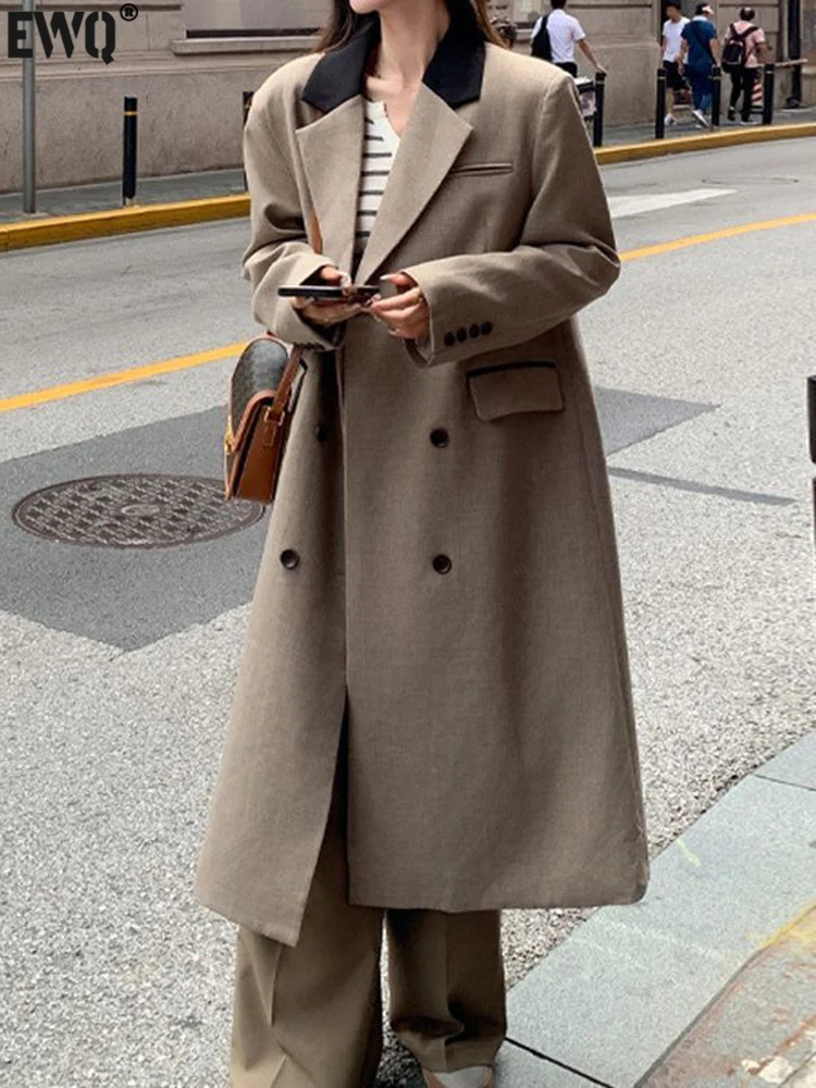 

[EWQ] Notched Black Patchwork Trench Coat Women Korean Version Long Sleeve Loose Windbreaker Jacket 2023 Autumn Winter 16U4665