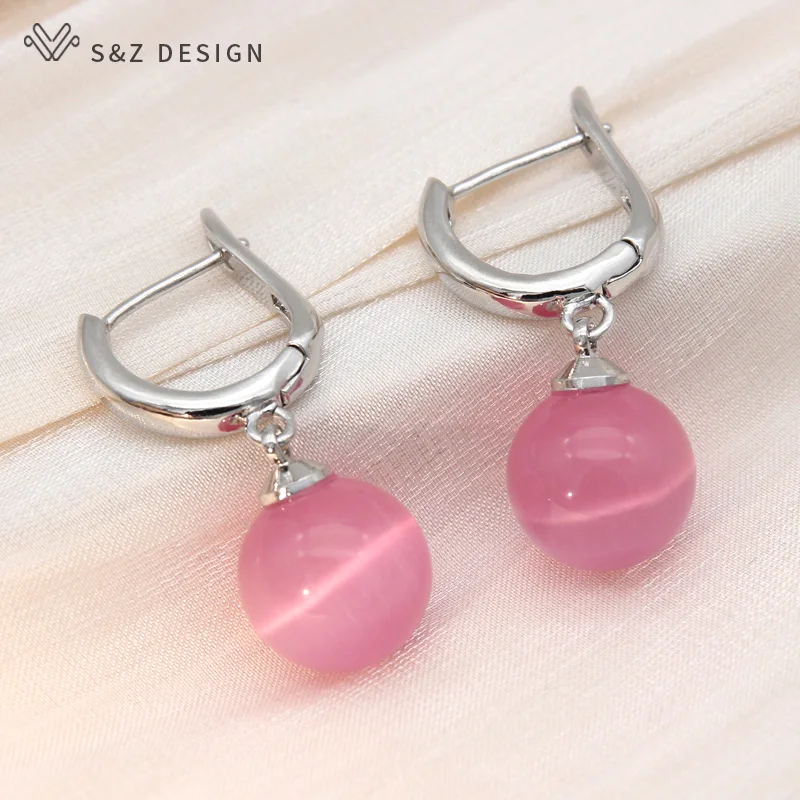 S&Z DESIGN New Fashion 585 Rose Gold Color Round Opals Cat's Eye Beads Drop Earrings For Women Wedding Party Trendy Jewelry