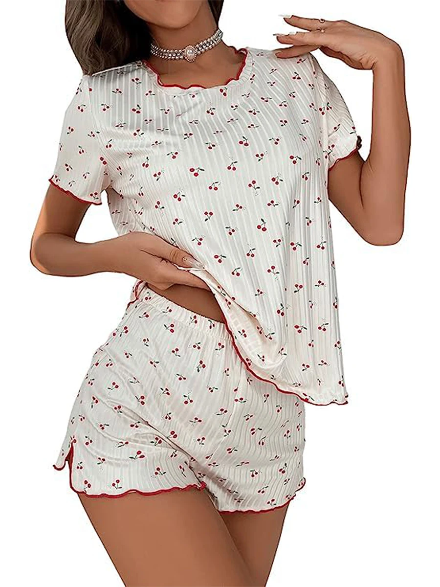 

Women Soft 2 Piece Pajama Set Cherry Print Cute Frill Short Sleeve Tops Elastic Waist Short Outfits Homewear Loungewear