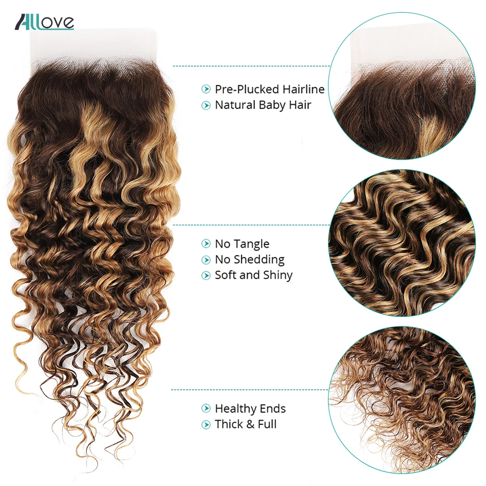 Human Hair Bundles Allove Highlight Bundles With Closure Deep Wave With 4x4 Transparent Lace Closure Ombre Honey Brown Remy Hair human hair bundles