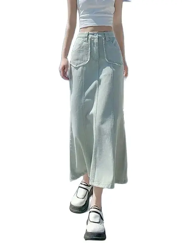 Denim Fishtail Skirt High Waisted Midi Skirt Casual Pocket Ladies Korean Womens Summer Fashion Mermaid Skirt Female