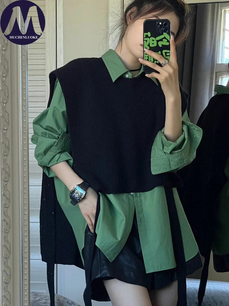 

2 Piece Sets Women Outfit Spring Autumn New Korean Fashion Knitted Short Vest Set Casual Loose Women's Long Sleeved Shirt Suits